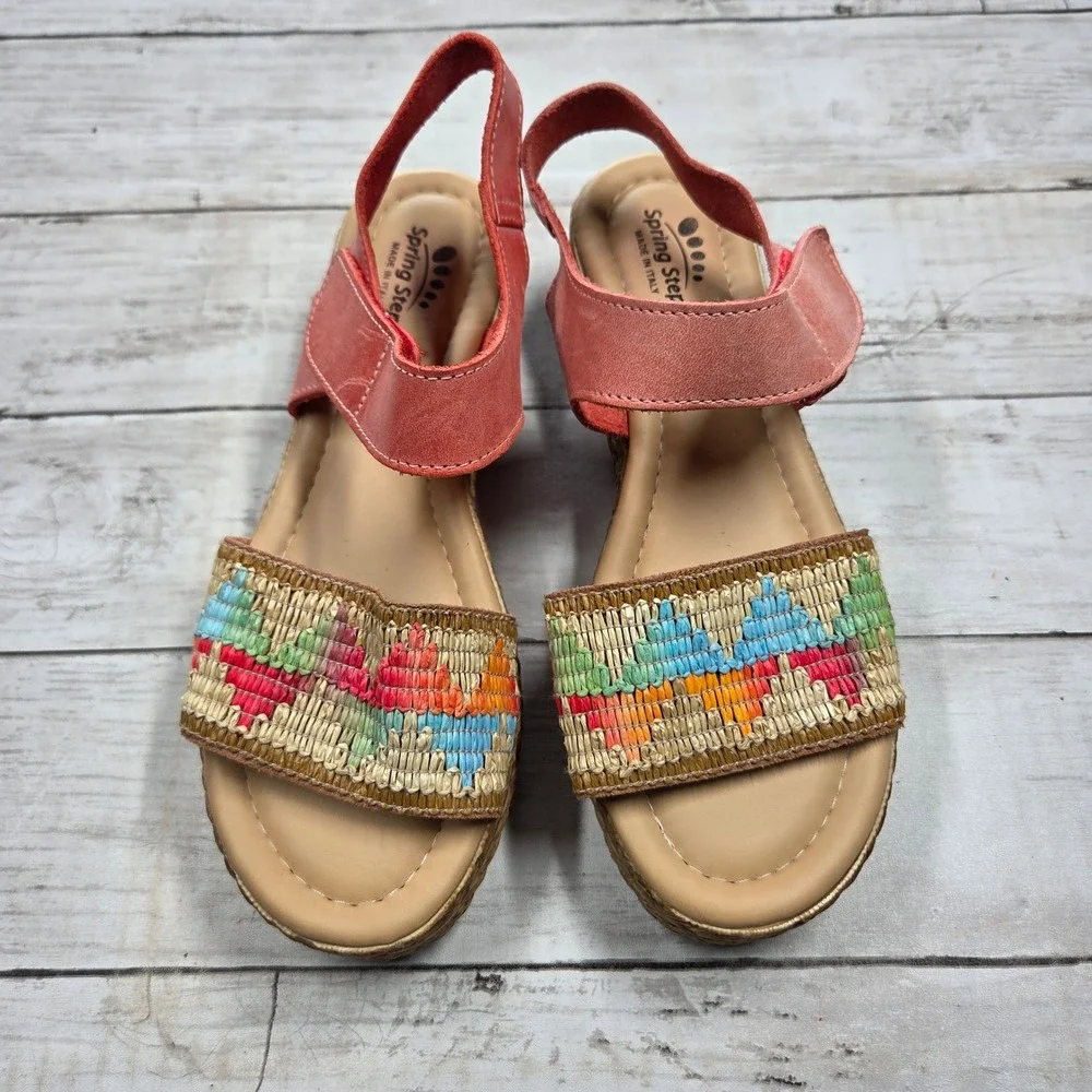 Spring Step Woven Platform Sandal Espadrille Women 36 Coral Pink Multi Leather